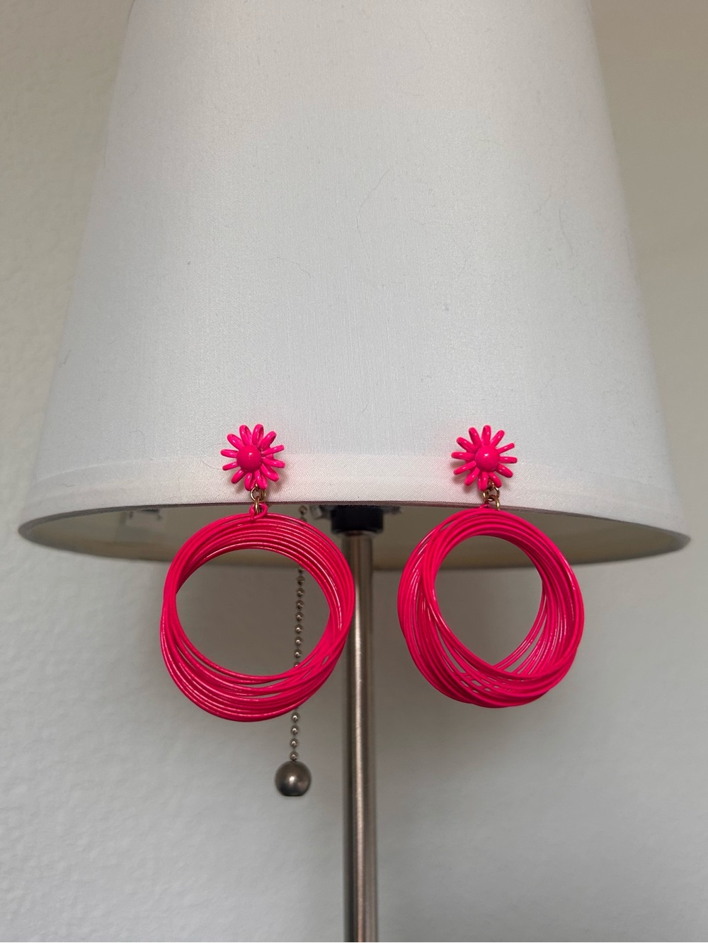 1960s VENDOME Neon Hot Pink Flower & Hoop Clip-On Earrings Statement Jewelry